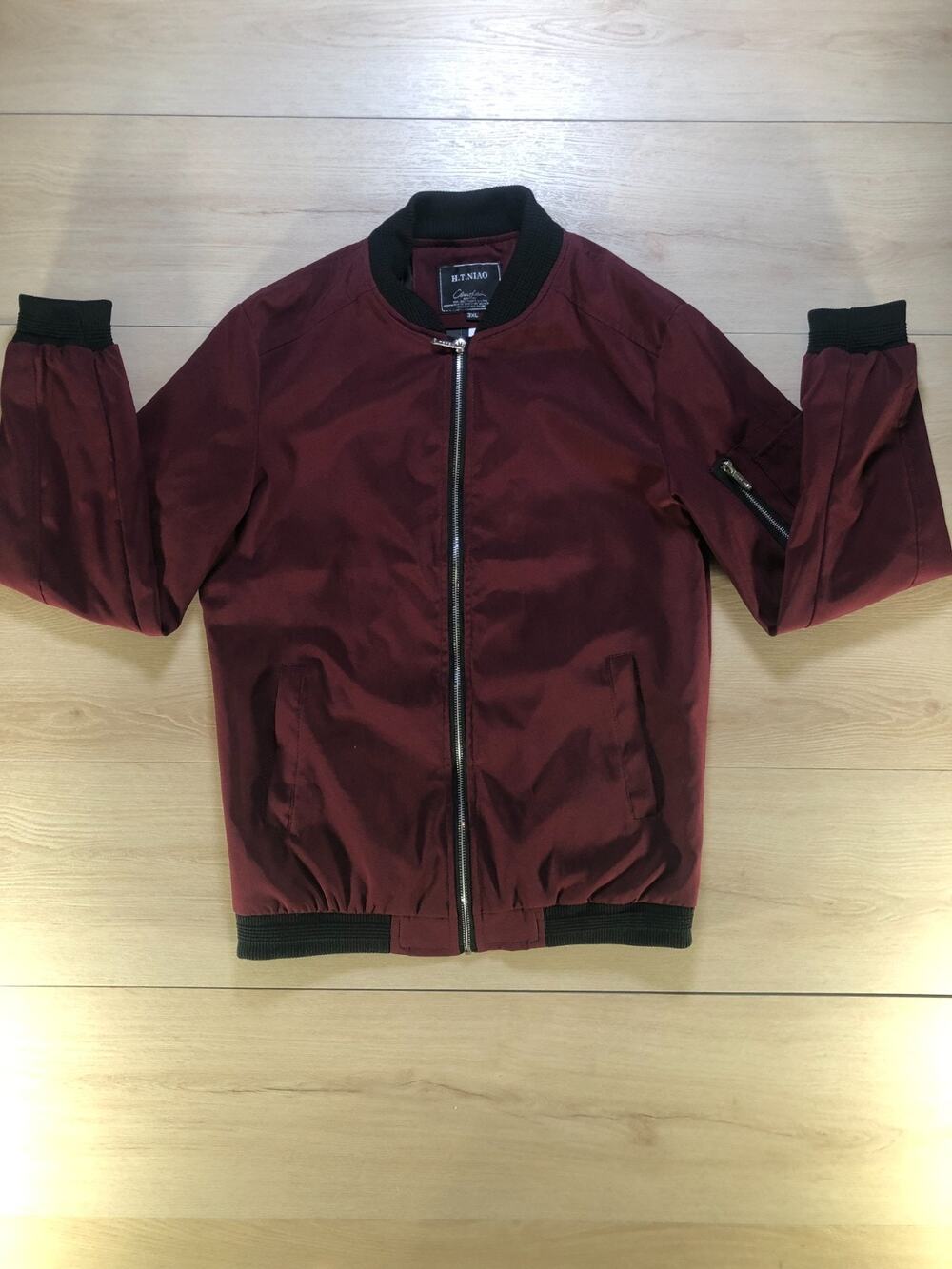 H.T. NIAO Men's Burgundy Bomber Jacket Full Zip MA-1 Flight Size XL [0002]